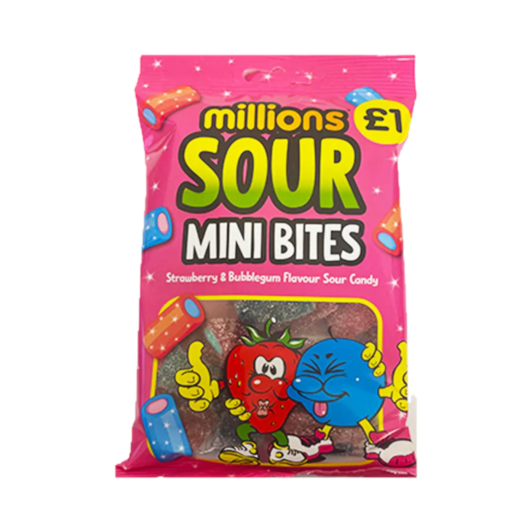 Millions Sour Mini Bites Strawberry & Bubblegum - 140g (PMP £1)